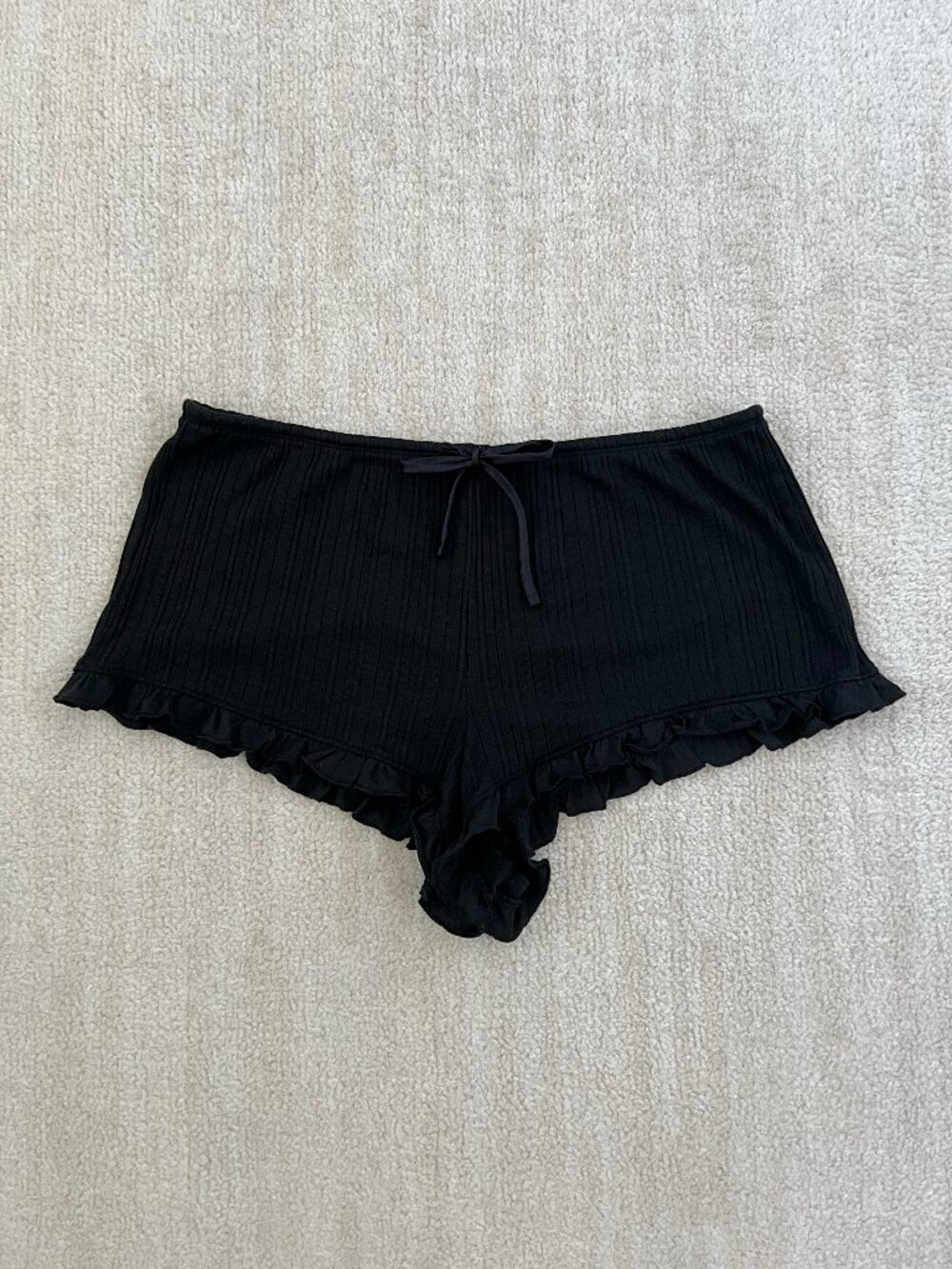 Victoria’s Secret Black Ribbed Ruffle Sleep Lounge Shorts Drawstring M Cotton
